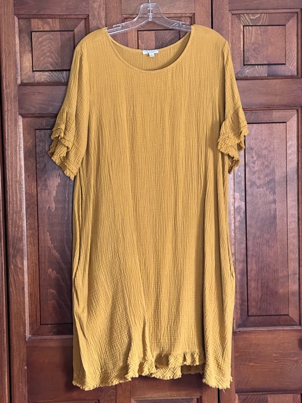 Mustard Ruffle-Sleeve Gauze Cotton Swing Dress XL